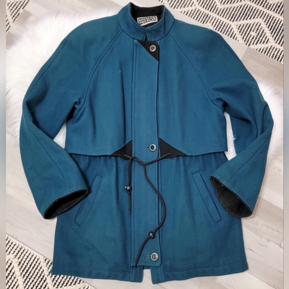 Vintage Spencer Douglas Dark Teal, Black Trim Wool Mid Length Winter Coat Large - Picture 2 of 16